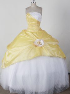 Yellow and White Ruched Beading Strapless Quince Dresses
