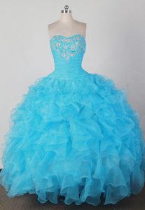 Sweetheart Beading Appliques Ruffled Sweet 15 Dresses Aqua Blue