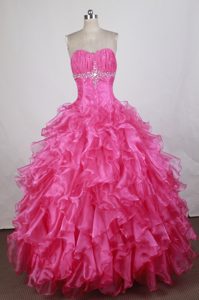 Ruched Sweetheart Ruffles and Beading Pink Quinceanera Dresses