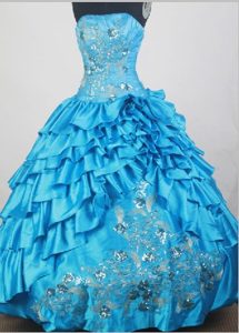 Embroidery and Beading Ruffles Strapless Aqua Blue Dresses For 15