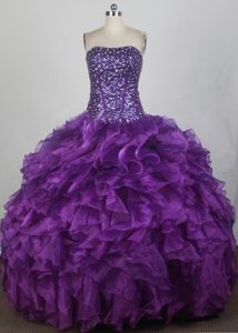 Strapless Floor-Length Beading Ruffles Purple Sweet 16 Dresses