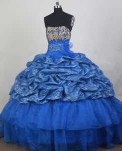 Appliques Strapless Blue Zebra Quinces Dresses with Pick-ups