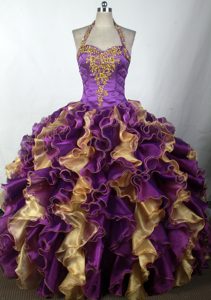 Halter Top Sweetheart Beading Quinceanera Gown in Purple and Gold