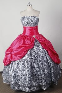 Leopard Print Strapless Floor-length Hot pink Quinceanera Gowns Dresses