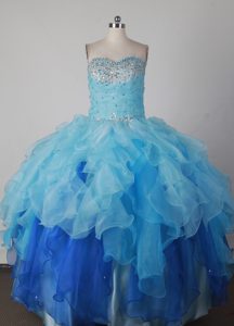 Sweetheart Beading Ruffled Ball Gown Blue Dress For Quinceaneras