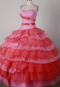 Pleated Strapless Pink and Red Beading Appliques Dresses For 15