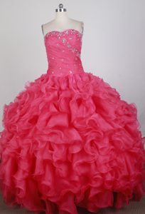 Rose Pink Ball Gown Strapless Beading Ruffles Quinceanera Dress