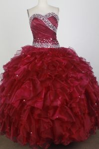 Beading Sweetheart Wine Red Ruffled Sweet Sixteen Dresses