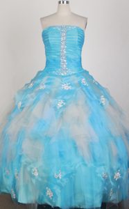 Ruching Strapless Beading and Appliques Aqua Blue Quinces Dresses