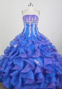 Pleated Strapless Appliques Blue and Purple Quinces Dresses
