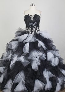 Pleated Slot Strapless Ruffled Sweet 16 Dresses in Black and White