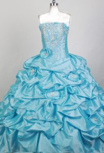 Ruffled Strapless Baby Blue Quinceanera Dresses with Beadings