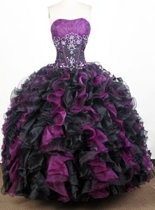 Ruching Strapless Purple and Black Ruffled Beaded Quinceanera Gown