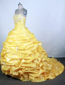 Yellow Strapless Beading and Pick-ups Dresses For a Quinceanera with Brush Train