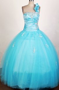 Floral One Shoulder Strapless Light Blue Beaded Quinceanera Dress