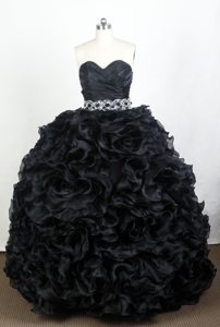 Ruffled Black Beading Sweetheart Floor-length Ruched Quinces Gowns