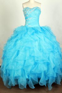 Full Length Sweetheart Ruffled Beading Aqua Blue Quinceanera Gowns