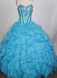 Sweetheart Sequin Aqua Blue Ruffled Quinceanera Dress with Black Hem