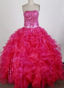 Appliques and Sequins Strapless Ruffled Hot pink Quinceanera Gown