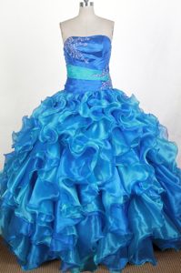 Ruched Strapless Ruffled Appliques Royal Blue Quinceanera Dresses