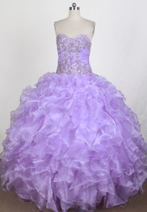 Lilac Sweetheart Appliques and Beading Organza Ruffled Dresses For 15