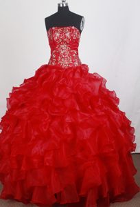 Strapless Embroidery Red Ruffled Organza Dresses For Quinceaneras