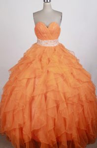 Sweetheart Ruches Applique Beading Orange Ruffled Quinceanera Dress