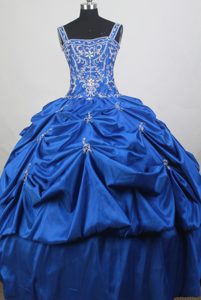 Straps Embroidery and Beading Pick Ups Royal Blue Quinceanera Gown