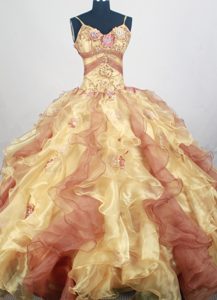 Straps Beading Multi-color Appliques Ruffled Ball Gown Sweet 16 Dress