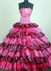 Layered Leopard Fabric Strapless Beading Applique Quinceanera Gown