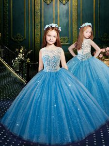 Trendy Clasp Handle Scoop Sleeveless Little Girl Pageant Dress Floor Length Appliques Blue Tulle