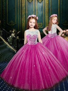 Tulle Scoop Sleeveless Clasp Handle Beading and Appliques Pageant Dresses in Eggplant Purple