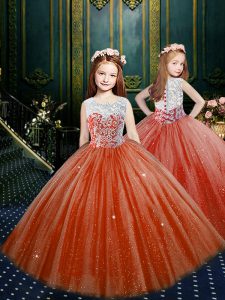 Scoop Clasp Handle Tulle Sleeveless Floor Length Kids Pageant Dress and Appliques