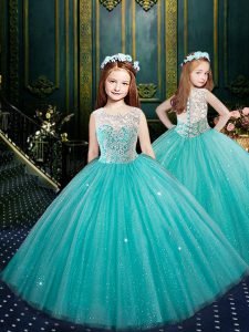 Adorable Blue Tulle Clasp Handle Scoop Sleeveless Floor Length Evening Gowns Appliques
