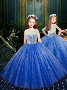 High Quality Scoop Clasp Handle Tulle Sleeveless Floor Length Pageant Dress for Girls and Appliques