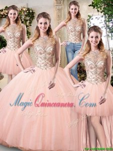 Scoop Peach Tulle Lace Up Ball Gown Prom Dress Sleeveless Floor Length Beading