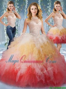 Halter Top Multi-color Tulle Lace Up Sweet 16 Quinceanera Dress Sleeveless Floor Length Beading and Ruffles