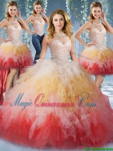 Four Piece Halter Top Sleeveless Floor Length Beading and Ruffles Lace Up Quinceanera Gown with Multi-color