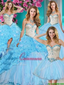 Four Piece Baby Blue Ball Gowns Organza Sweetheart Sleeveless Beading and Ruffles With Train Lace Up Quinceanera Gowns Brush Train