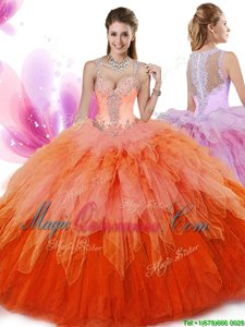 Multi-color Ball Gowns V-neck Sleeveless Tulle Floor Length Zipper Beading and Ruffles Quince Ball Gowns