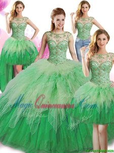 Four Piece Scoop Floor Length Ball Gowns Sleeveless Green Quinceanera Dresses Lace Up