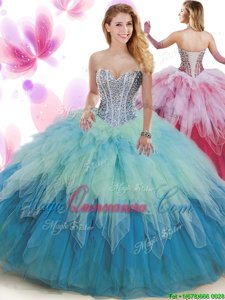 Affordable Multi-color Lace Up Sweetheart Beading and Ruffles 15 Quinceanera Dress Tulle Sleeveless