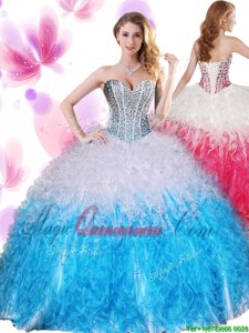 Low Price Floor Length White and Baby Blue Quinceanera Gown Organza Sleeveless Beading and Ruffles