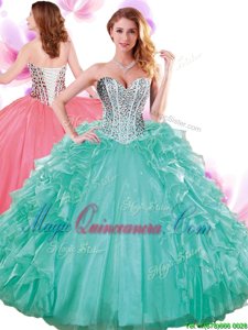 Turquoise Quinceanera Dresses Military Ball and Sweet 16 and Quinceanera and For with Beading and Ruffles Sweetheart Sleeveless Lace Up