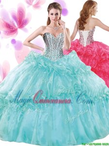 Suitable Turquoise Organza Lace Up 15 Quinceanera Dress Sleeveless Floor Length Beading and Pick Ups