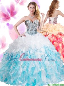 Dazzling Floor Length Blue And White Quinceanera Dresses Organza Sleeveless Beading and Ruffles