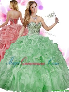 Green Ball Gowns Organza Sweetheart Sleeveless Beading and Ruffles Floor Length Lace Up 15th Birthday Dress