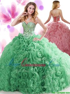 Wonderful Sleeveless Organza and Fabric With Rolling Flowers Sweep Train Lace Up Ball Gown Prom Dress in for with Beading and Ruffles