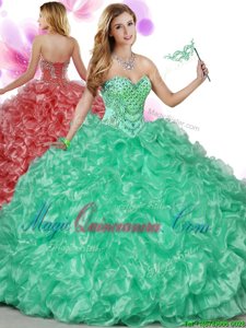 Nice Sweetheart Sleeveless Sweet 16 Dresses Floor Length Beading and Ruffles Green Organza