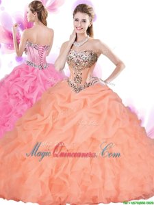 Orange Red Tulle Lace Up Vestidos de Quinceanera Sleeveless Floor Length Beading and Ruffles